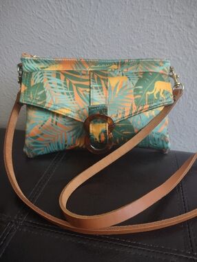 Aaliyah Makoni Handmade Orange & Green Jungle Leaf Satin Sling Bag Crossbody